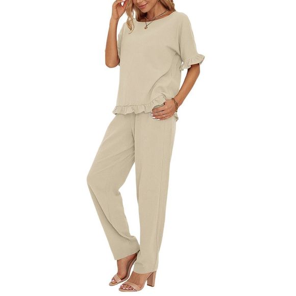 Suvimuga Khaki Ruffle-Accent Boatneck Top & Pants Size XL - Picture 2 of 3